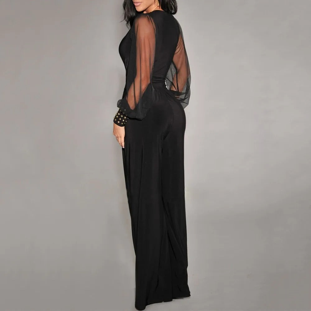 Elegant Wedding Guest Jumpsuit for Women with V Neck Sheer Sleeve Wide Leg Formal Style