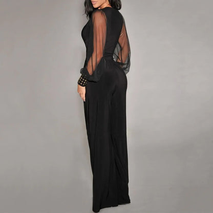 Elegant Wedding Guest Jumpsuit for Women with V Neck Sheer Sleeve Wide Leg Formal Style