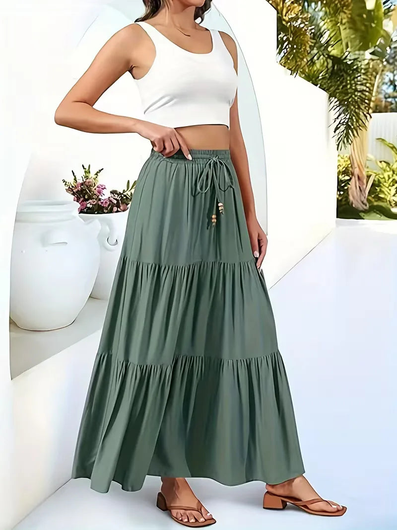 Effortless Tiered Maxi Skirt for Women with Drawstring Waist Ruffle Flowing Bohemian Style