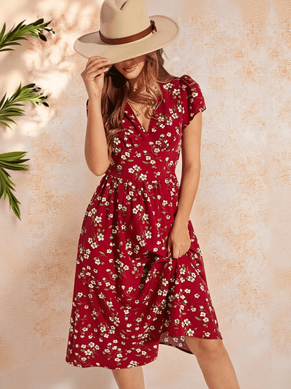 Elegant Burgundy Floral Mini Dress for Women with V Neck Flutter Sleeve Fit and Flare Style