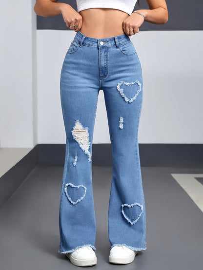 Effortless Light Blue Distressed Flare Jeans for Women with High Waist Heart Patch Frayed Hem Casual Style