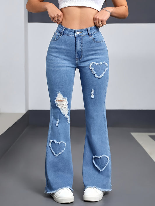 Effortless Light Blue Distressed Flare Jeans for Women with High Waist Heart Patch Frayed Hem Casual Style