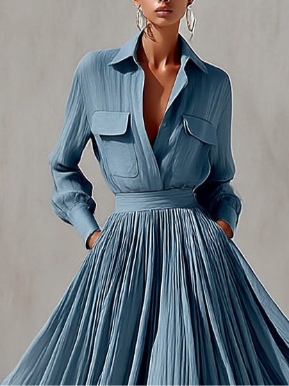 Elegant Blue Shirt Maxi Dress for Women with Collar Long Sleeve Flowing Skirt