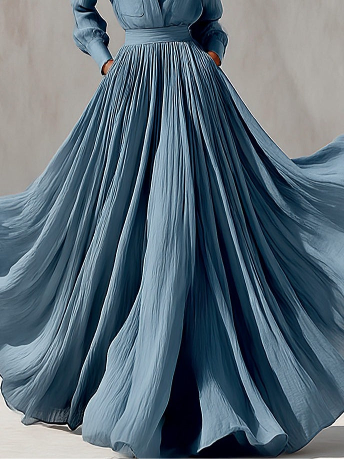 Elegant Blue Shirt Maxi Dress for Women with Collar Long Sleeve Flowing Skirt
