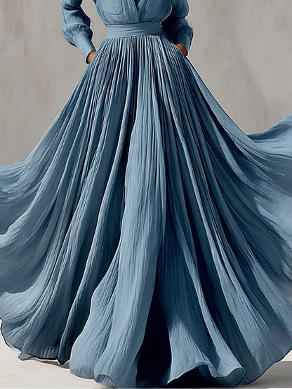 Elegant Blue Shirt Maxi Dress for Women with Collar Long Sleeve Flowing Skirt