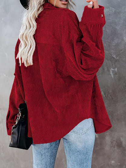 Effortless Corduroy Long Sleeve Shirt for Women with Collar Button Front Oversized Relaxed Casual Style