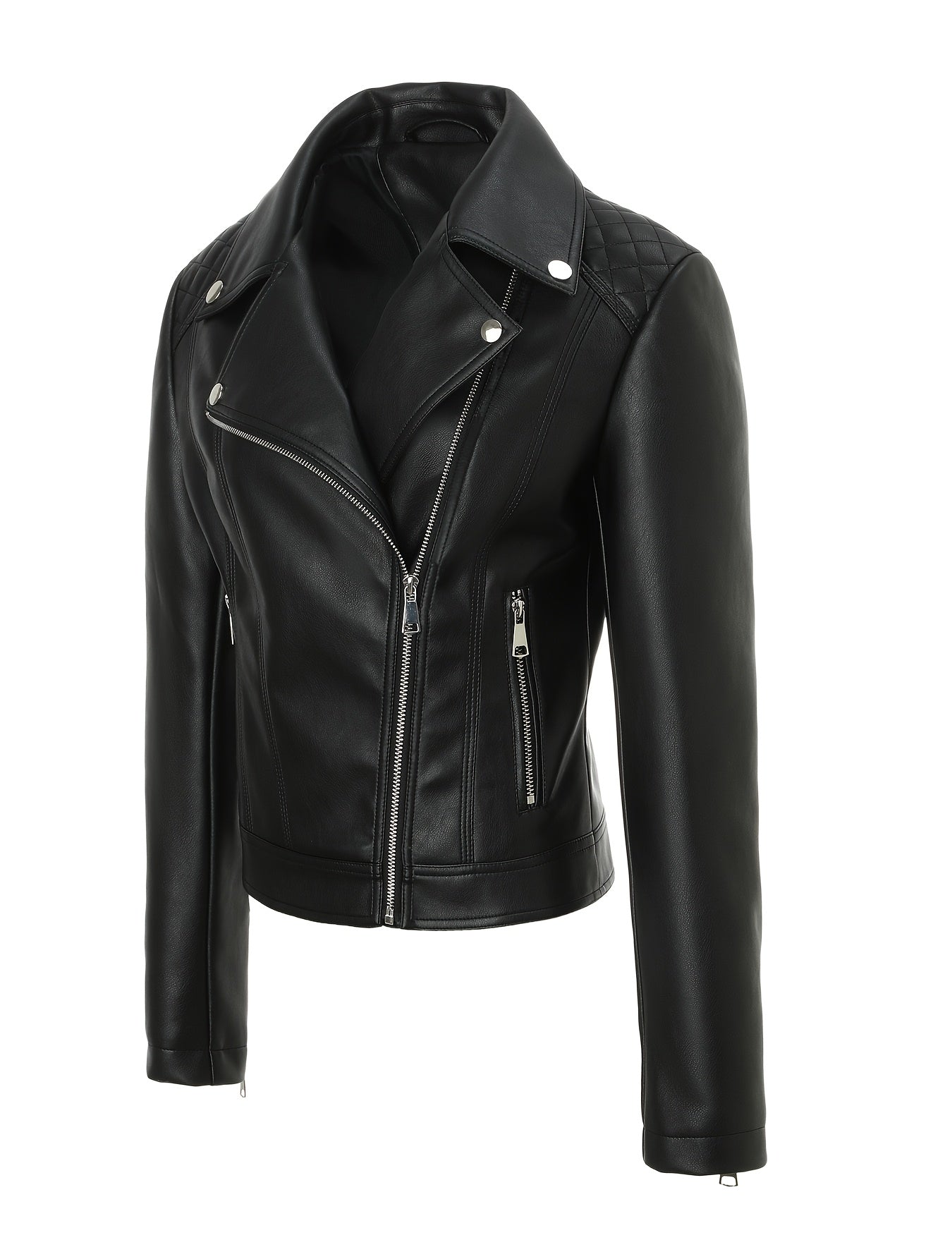 Elegant Leather Moto Jacket for Women with Notch Lapel Asymmetric Zip Front Fitted Style