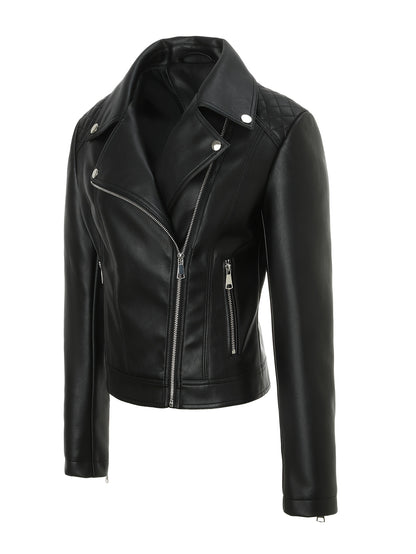 Elegant Leather Moto Jacket for Women with Notch Lapel Asymmetric Zip Front Fitted Style