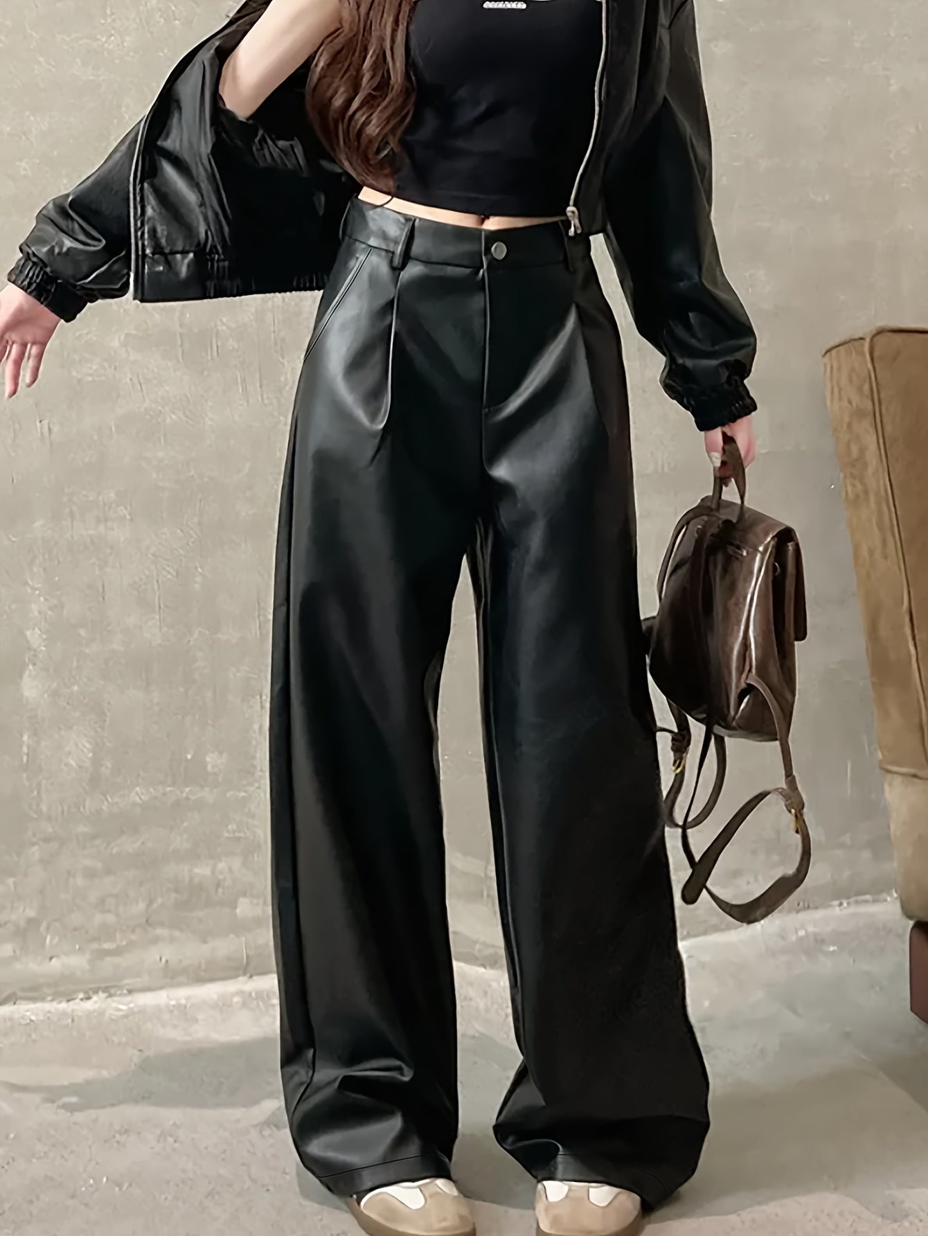 Sleek Black Leather Slacks for Women with High Waist Wide Leg Pleated Relaxed Style
