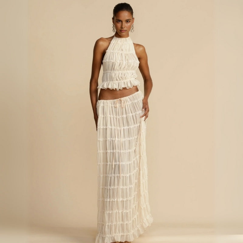 Effortless Textured Two Piece Set for Women with Halter Top Tiered Maxi Skirt Bohemian Style