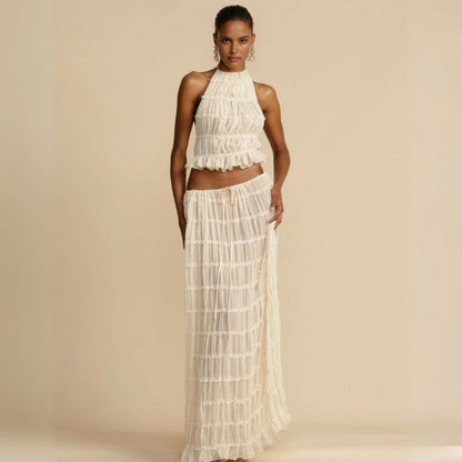 Effortless Textured Two Piece Set for Women with Halter Top Tiered Maxi Skirt Bohemian Style