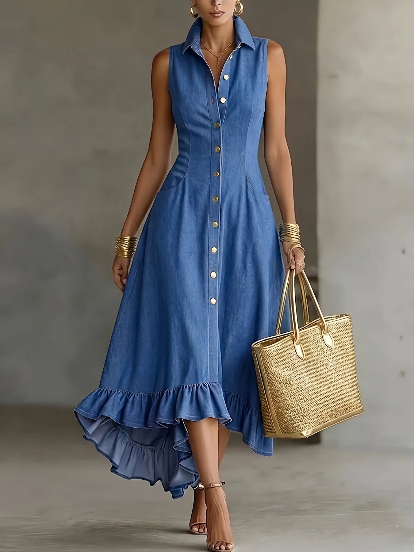 Effortless Blue Denim Dress for Women with Collar Sleeveless Button Front High Low Ruffle Style