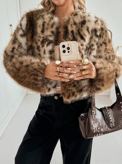 Chic Leopard Print Flurry Coat for Women with Round Neck Cropped Faux Fur Plush Warm Winter Style