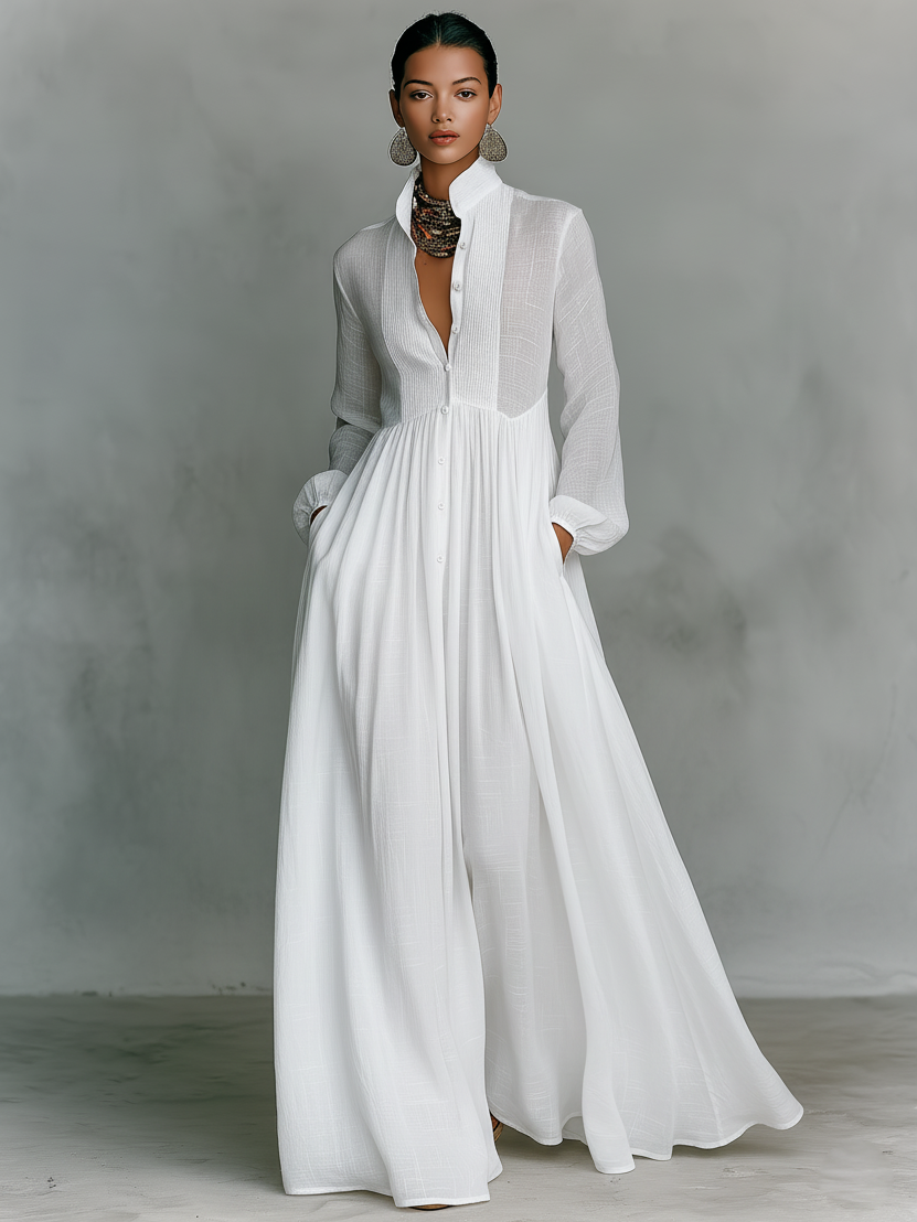 Effortless Linen Maxi Dress for Women with Stand Collar Button Front Long Sleeve Flowing Casual Style