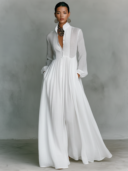 Effortless Linen Maxi Dress for Women with Stand Collar Button Front Long Sleeve Flowing Casual Style