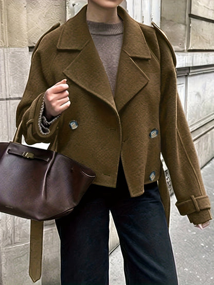 Elegant Coffee Brown Pea Coat for Women with Notch Lapel Long Sleeve Belted Oversized Style