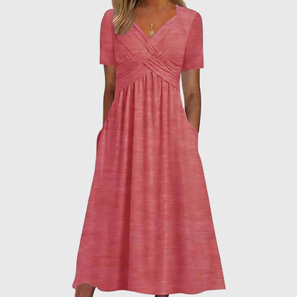 Effortless Midi Dress for Women with V-Neck Crossover Waist Short Sleeve Pocket Casual Style