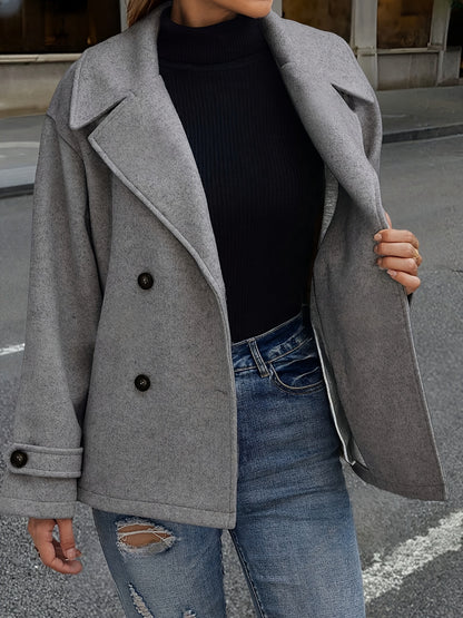Elegant Dark Gray Wool High Pea Coat for Women with Notched Lapel Long Sleeve Double Breasted Oversized Style