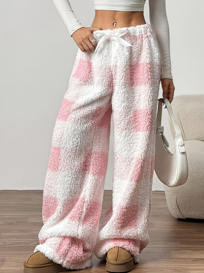 Cozy Plaid Plush Sweatpants for Women with Drawstring Waist Wide Leg Fleece Lounge Style