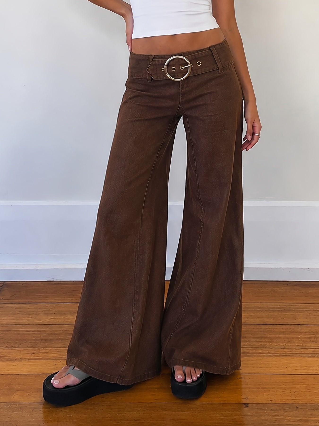 Effortless Dark Brown Buckle Jeans for Women with Low Rise Wide Leg Belted Relaxed Style