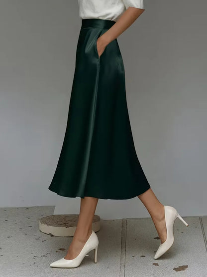 Elegant Satin Midi Skirt for Women with High Waist A Line Pocket Flowing Style
