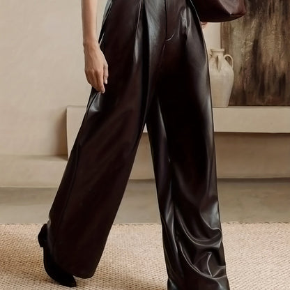 Elegant Coffee Brown Faux Leather Slacks for Women with High Waist Pleated Wide Leg Relaxed Style