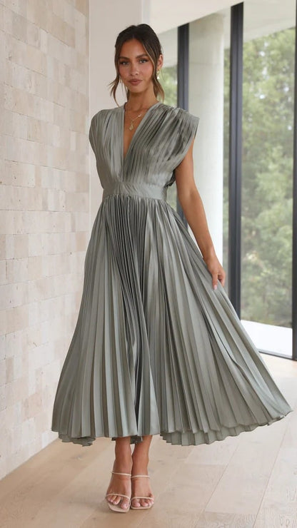 Elegant Pleated Midi Dress for Women with Deep V Neck Formal Wedding Guest Style
