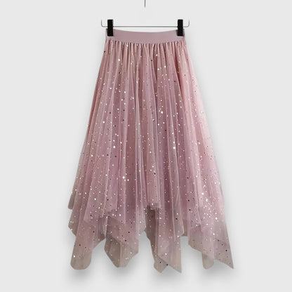 Effortless Pink Star Sequin Tulle Skirt for Women with High Waist Handkerchief Hem Sparkle Flowing Style