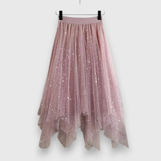 Effortless Pink Star Sequin Tulle Skirt for Women with High Waist Handkerchief Hem Sparkle Flowing Style