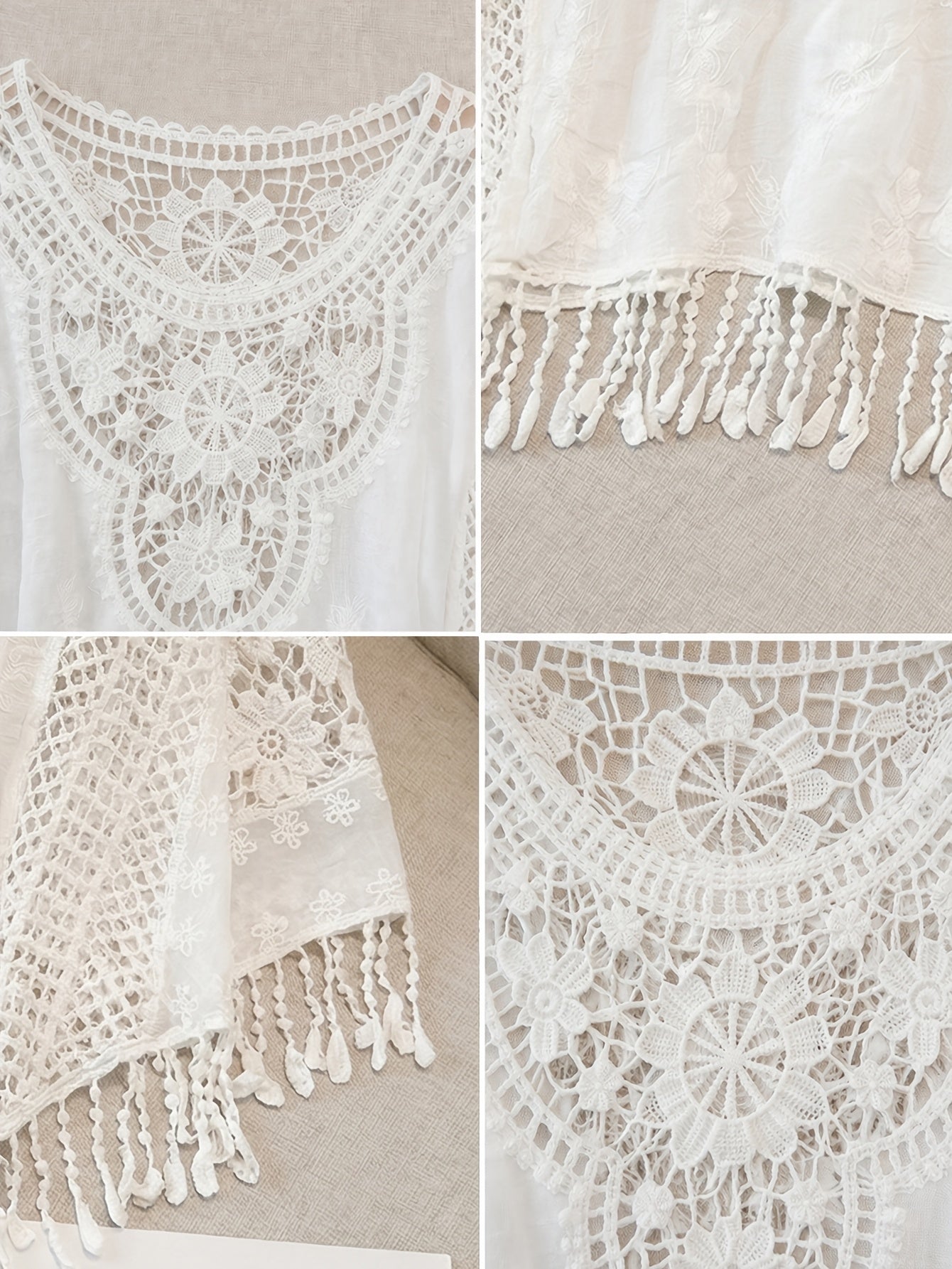 Effortless Cream Poncho Shirt for Women with Crochet Lace Fringe Hem Draped Style