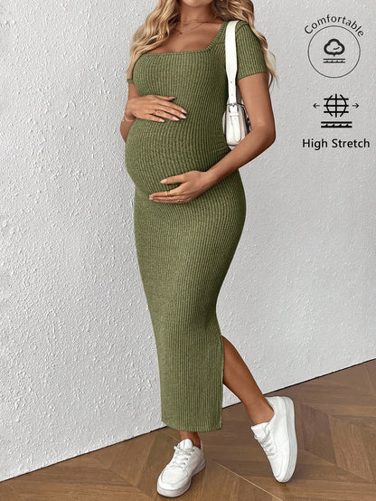 Comfortable Ribbed Knit Maternity Maxi Dress for Women with Square Neck Short Sleeve Bodycon Side Slit Style