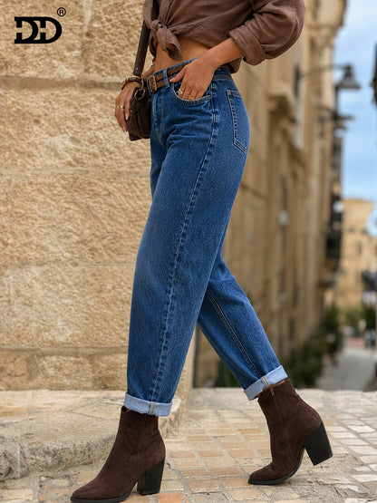 Effortless Deep Blue Relaxed Mom Jeans for Women with High Waist Cuffed Straight Leg