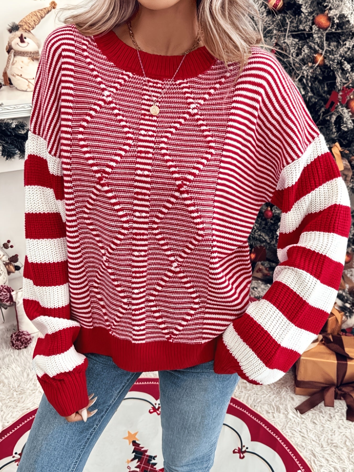 Cozy Red Striped Women's Christmas Sweater for Women with Crew Neck Long Sleeve Drop Shoulder Oversized Knit Style
