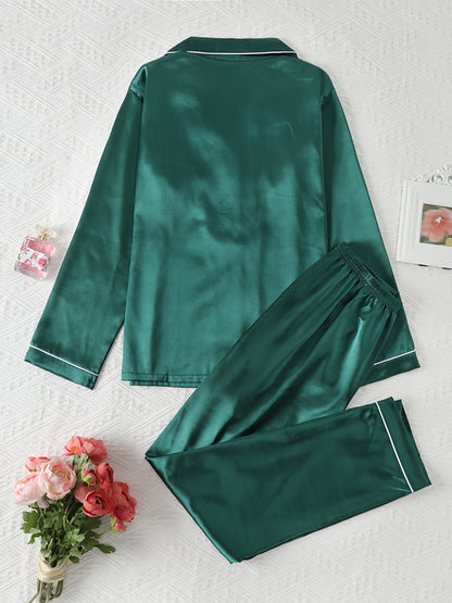 Comfortable Satin Pajamas for Women with Collar Button Front Piping Trim