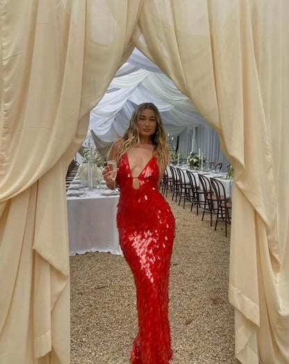 Elegant Red Sequin Dress for Women with V Neck Spaghetti Strap Cutout Mermaid Sparkle Formal Party Style