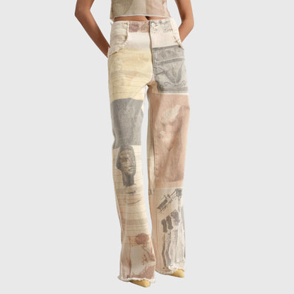 Effortless Ivory Collage Print Wide Leg Jeans for Women with High Waist Raw Hem Frayed Pocket Relaxed Style