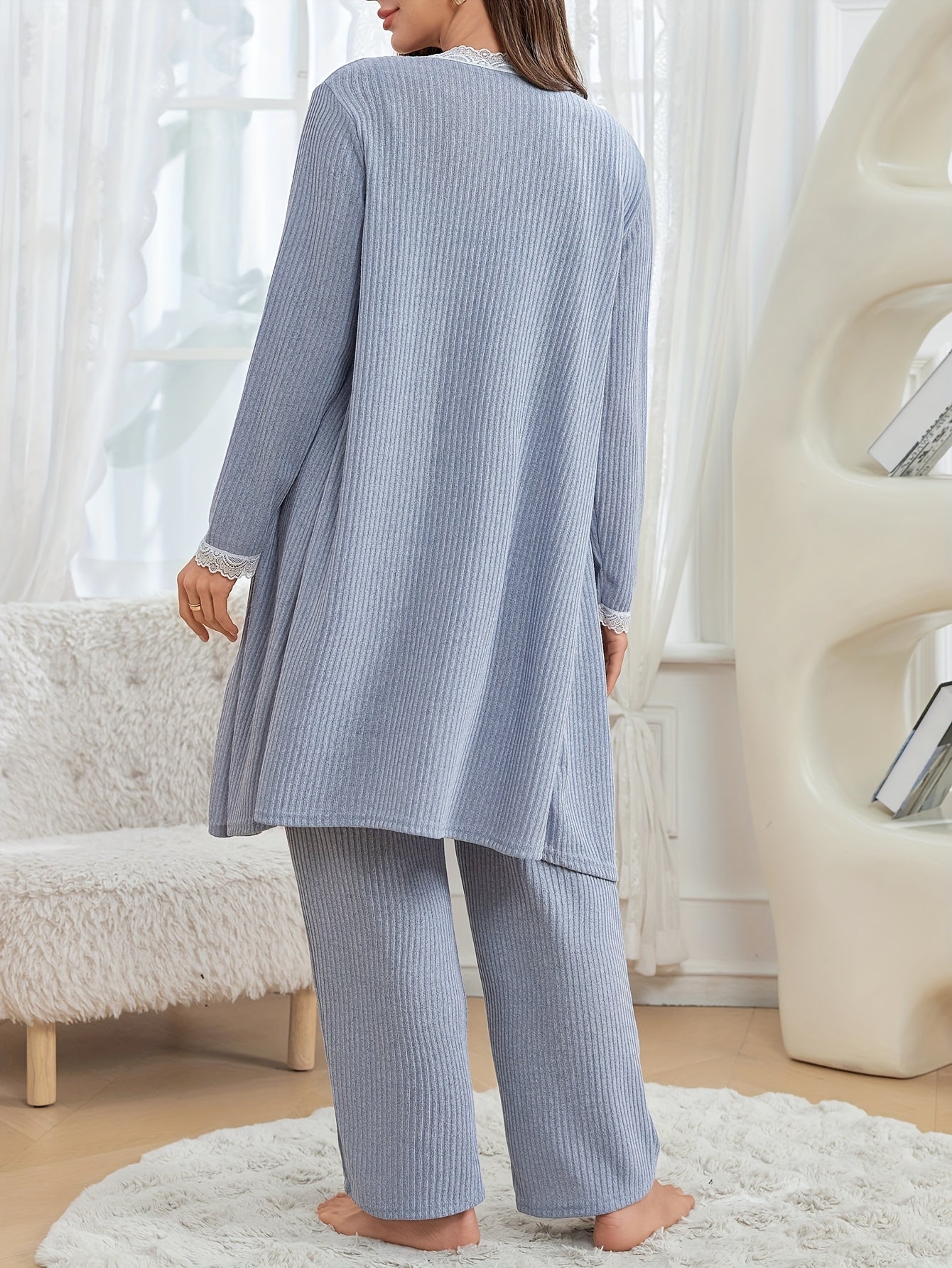 Comfortable Maternity Ribbed Knit Three Piece Set for Women with Lace Trim Nursing Cami Robe Pant Style