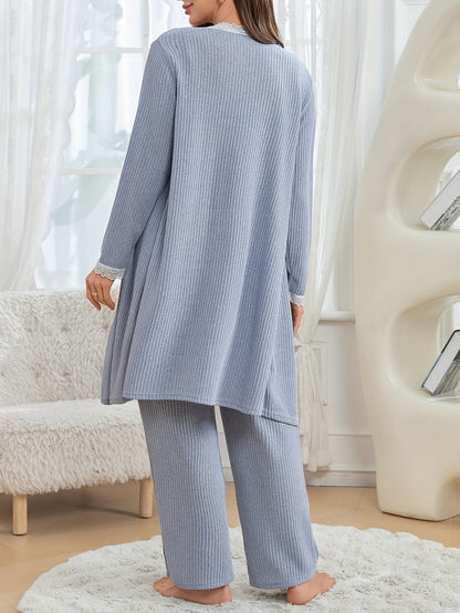 Comfortable Maternity Ribbed Knit Three Piece Set for Women with Lace Trim Nursing Cami Robe Pant Style