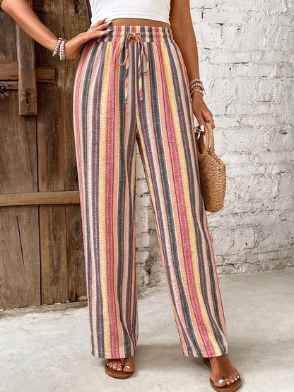 Effortless Striped Linen Wide Leg Pants for Women with High Waist Drawstring Flowing Casual Style