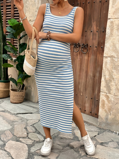 Effortless Blue Striped Maternity Maxi Dress for Women with Scoop Neck Sleeveless Ribbed Bodycon Side Slit Casual Style