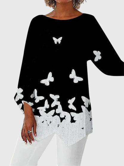 Effortless Black Glitter Butterfly Print Tunic for Women with Boat Neck Batwing Sleeve Asymmetric Hem Casual Style