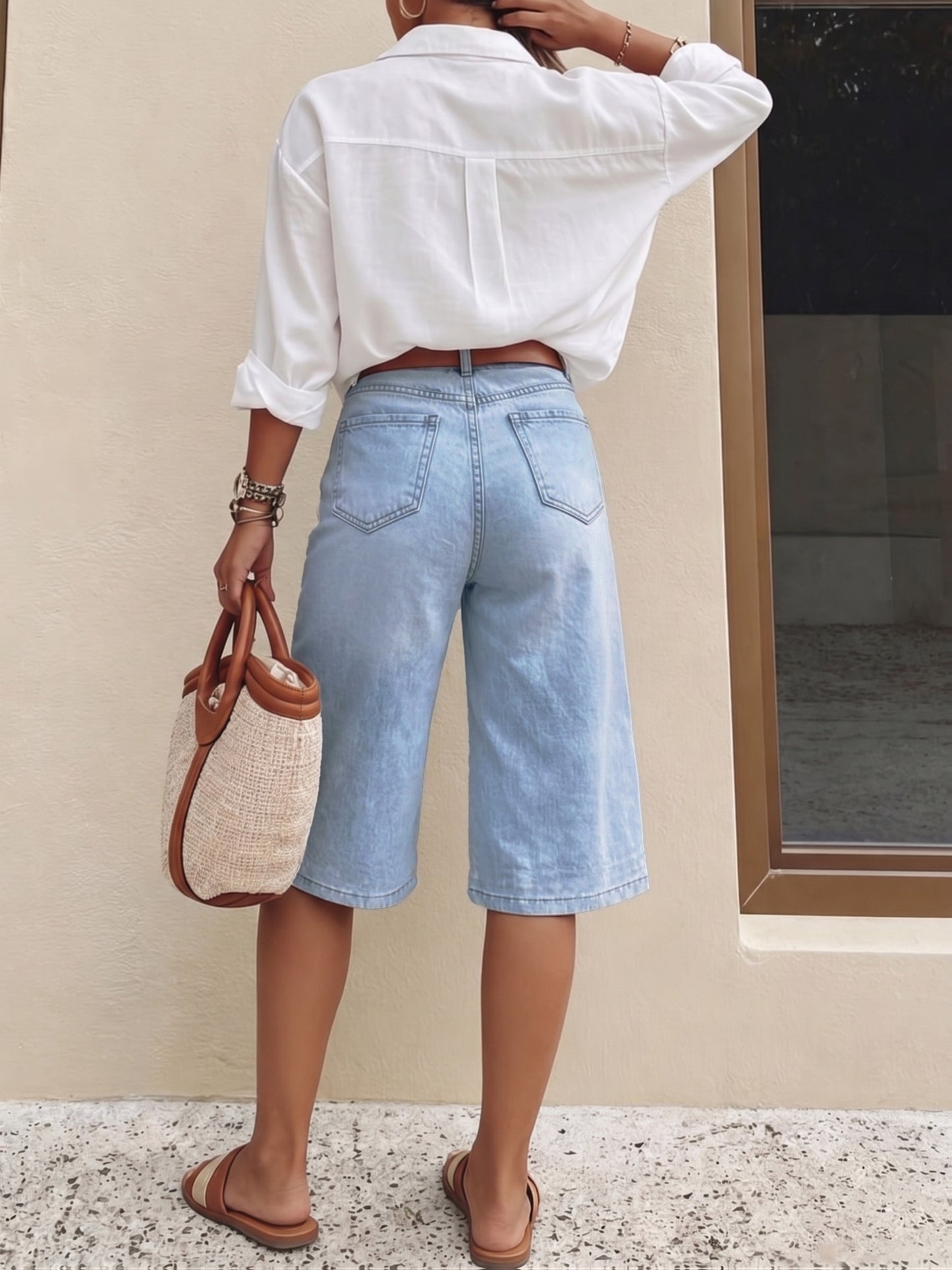 Effortless Light Blue Denim Culotte Jean Shorts for Women with High Waist Wide Leg Cropped Style