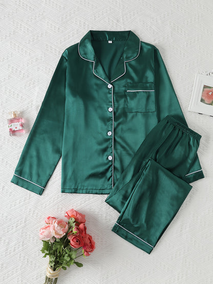 Comfortable Satin Pajamas for Women with Collar Button Front Piping Trim