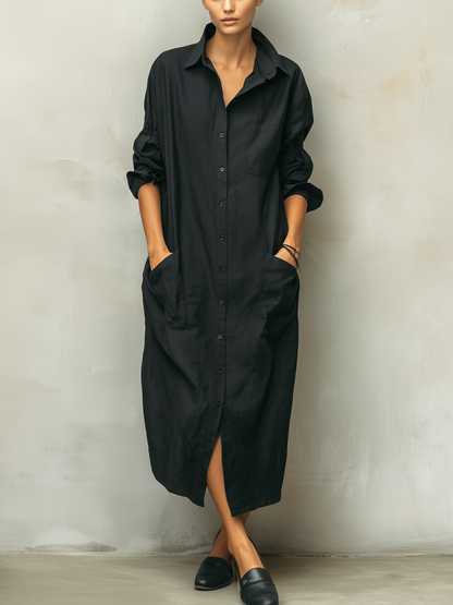 Effortless Black Shirt Dress for Women with Collared Neck Button Front Long Sleeve Linen Casual Maxi Style