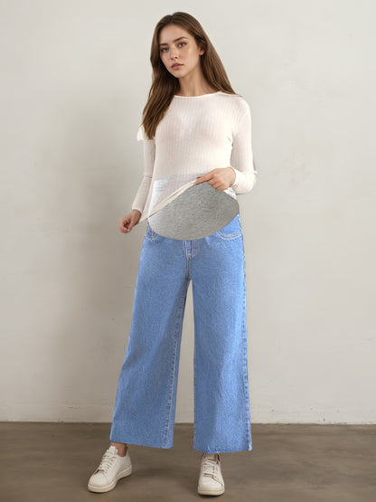 Effortless Blue Denim Maternity Jeans for Women with Wide Leg Belly Band Relaxed Casual Style