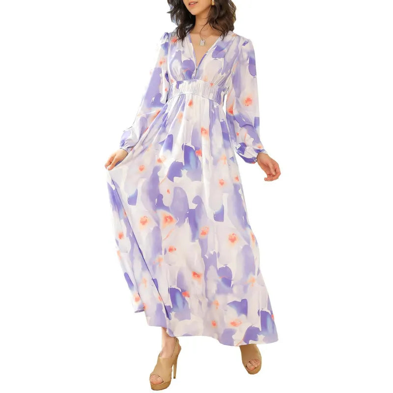 Effortless Floral Midi Dress for Women with V Neck Balloon Sleeve Smocked Waist Flowing Bohemian Style