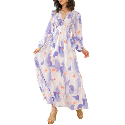 Effortless Floral Midi Dress for Women with V Neck Balloon Sleeve Smocked Waist Flowing Bohemian Style