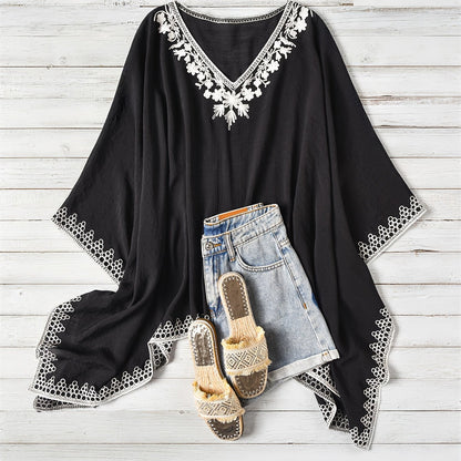 Effortless Poncho Shirt for Women with V Neck Embroidered Trim Draped Batwing Style