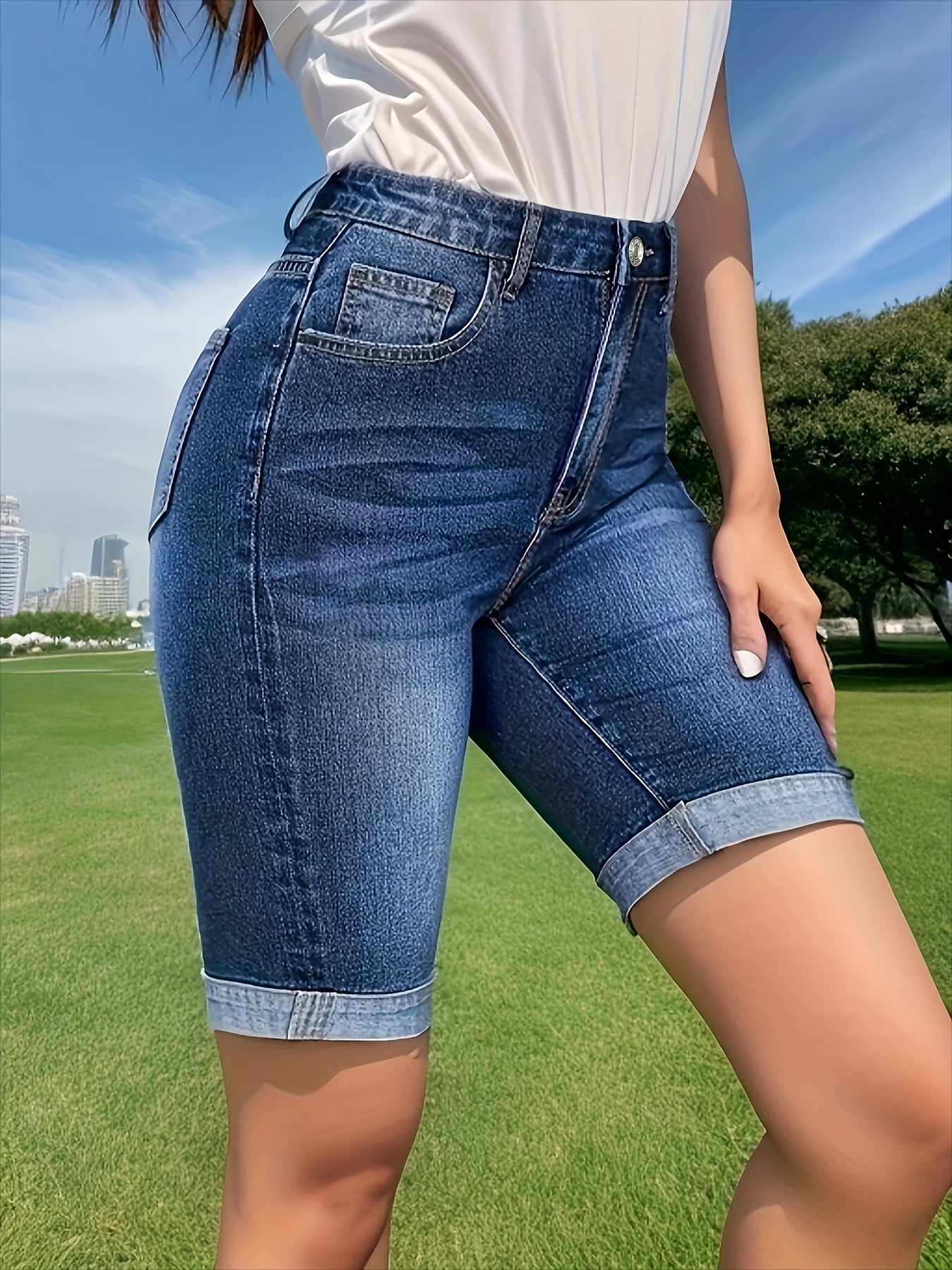 Stylish Blue Denim Shorts for Women with High Waist Rolled Cuff Bermuda Slim Fit Casual Style