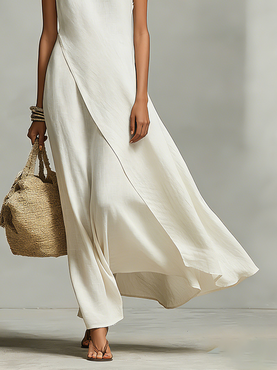 Effortless Ivory Linen Maxi Dress for Women with Crew Neck Asymmetric Hem Sleeveless Casual Summer Style